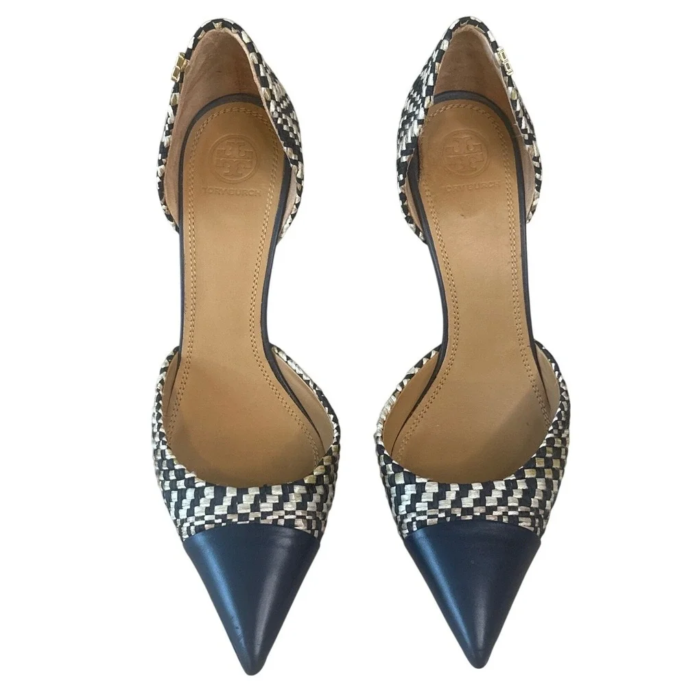 Tory Burch Penelope d'Orsay Woven Leather Pumps Navy Italy 8.5